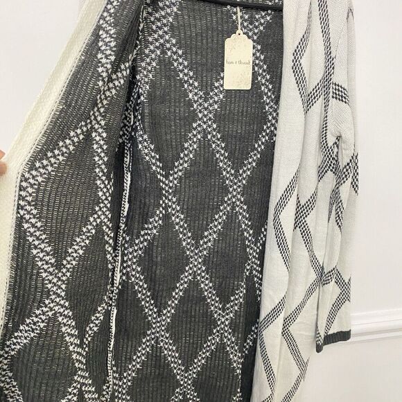 New Hem &Thread Womens Open Front Long Hooded Cardigan Gray White Size Small - Picture 7 of 12